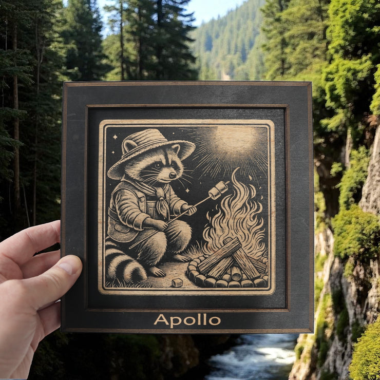 Framed Art - PERSONALIZED - CUSTOM - Raccoon Campfire