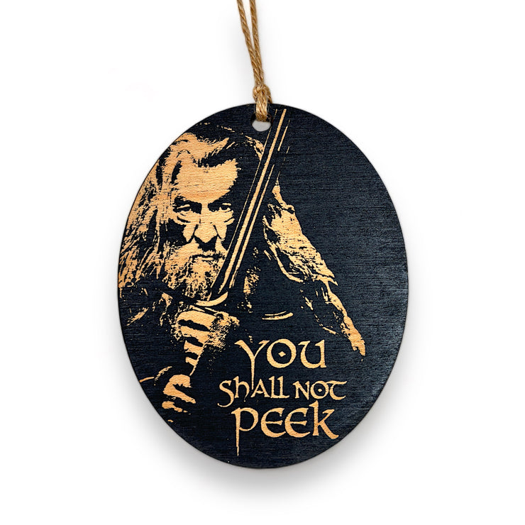 Ornament - You Shall Not Peek - Black Painted Wood 4x3in