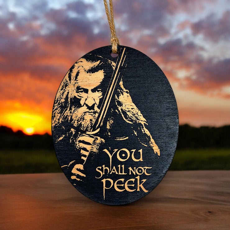 Ornament - You Shall Not Peek - Black Painted Wood 4x3in