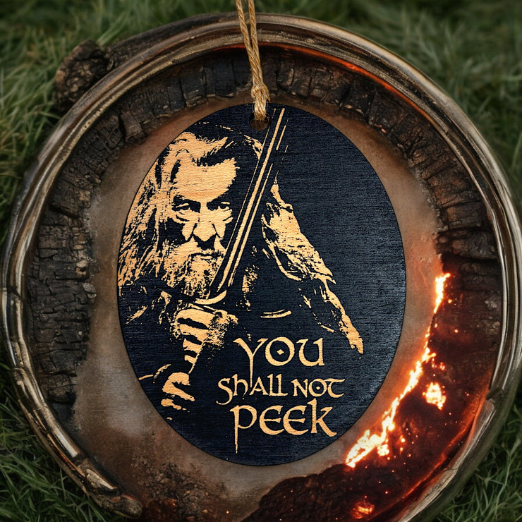 Ornament - You Shall Not Peek - Black Painted Wood 4x3in