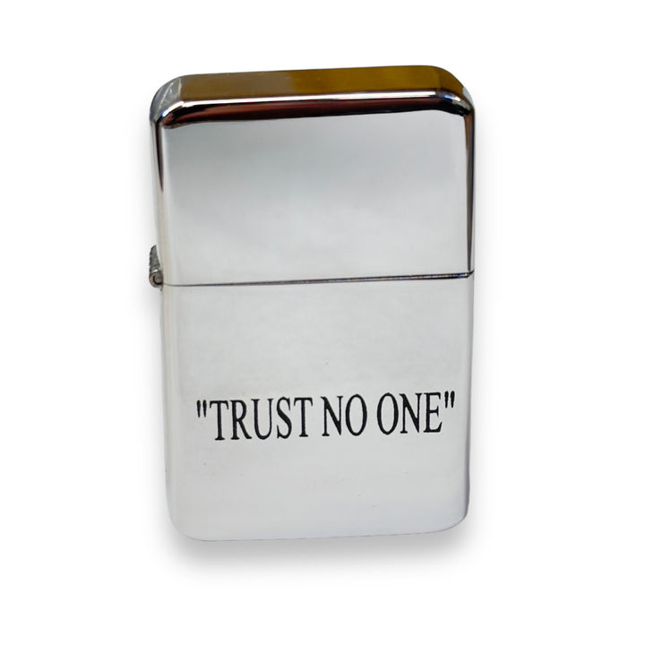 HipFlaskPlus high polish chrome lighter printed with "Trust No One"