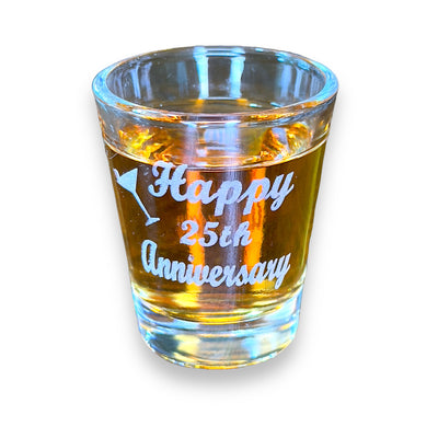 2oz Happy 25th Anniversary shot glass