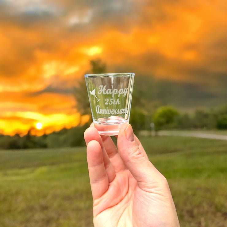 2oz Happy 25th Anniversary shot glass