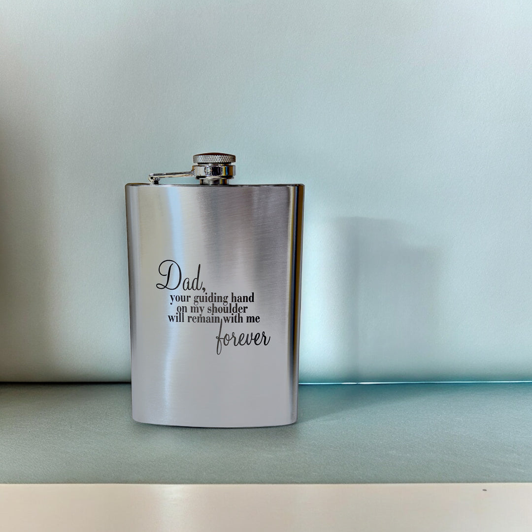 HipFlaskPlus 8oz stainless steel hip flask engraved with Dad Your Guiding Hand poem on a blue background
