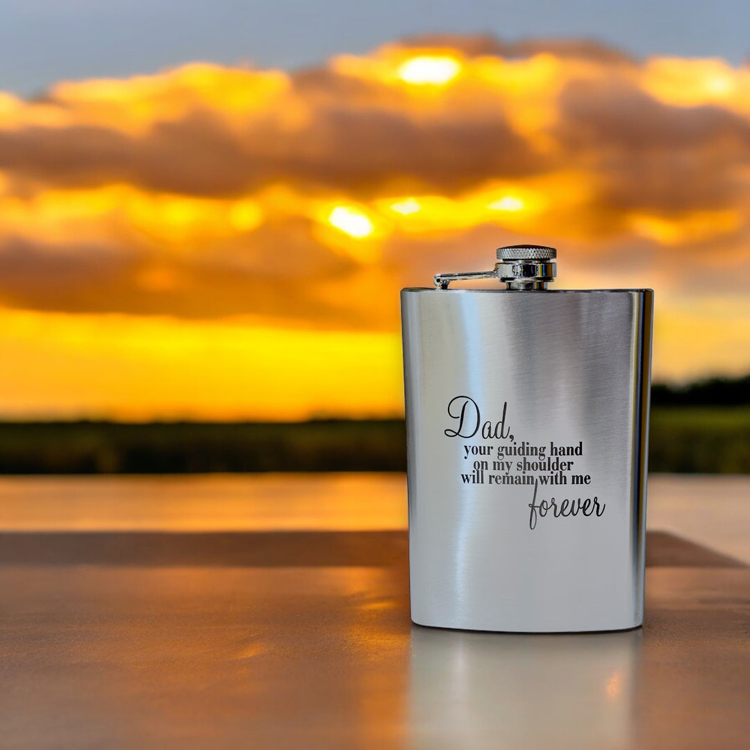 HipFlaskPlus 8oz stainless steel hip flask engraved with Dad Your Guiding Hand poem at sunset