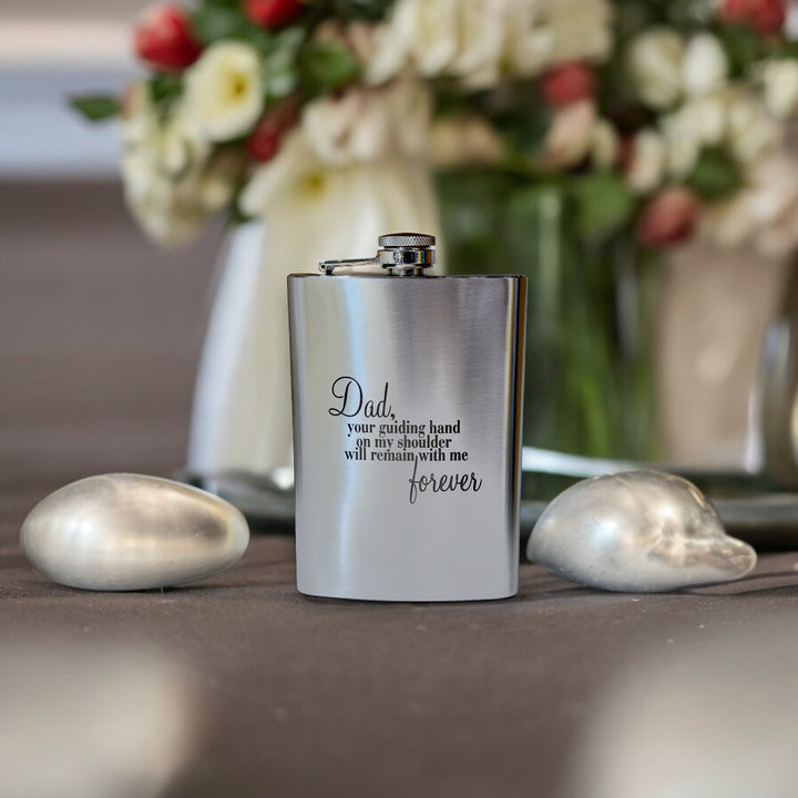 HipFlaskPlus 8oz stainless steel hip flask engraved with Dad Your Guiding Hand poem with white flowers