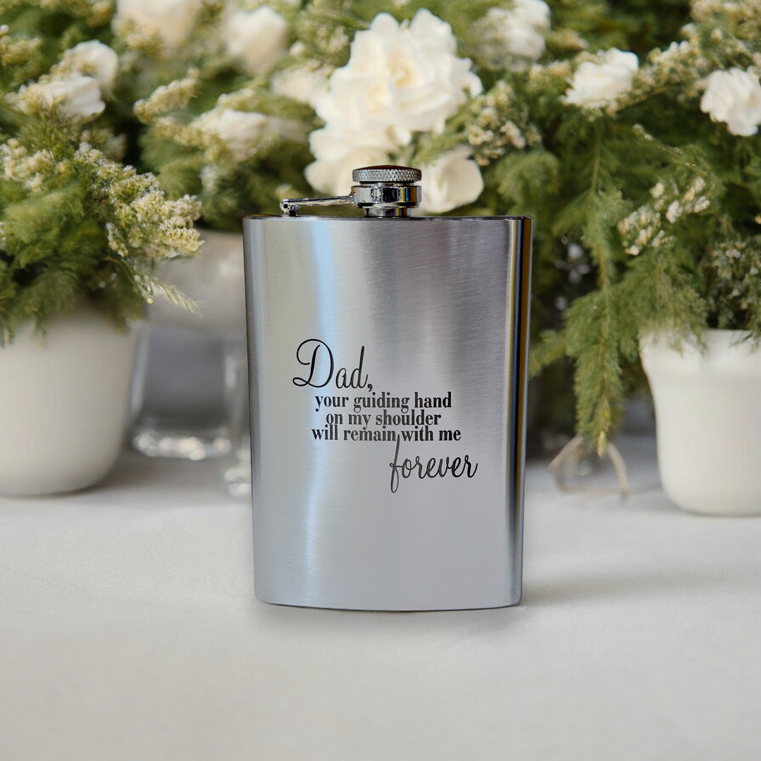 HipFlaskPlus 8oz stainless steel hip flask engraved with Dad Your Guiding Hand poem with white flowers