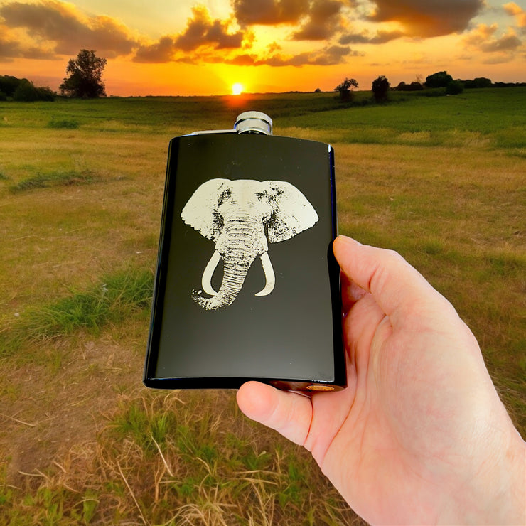 8oz BLACK Elephant Flask Laser Engraved V2