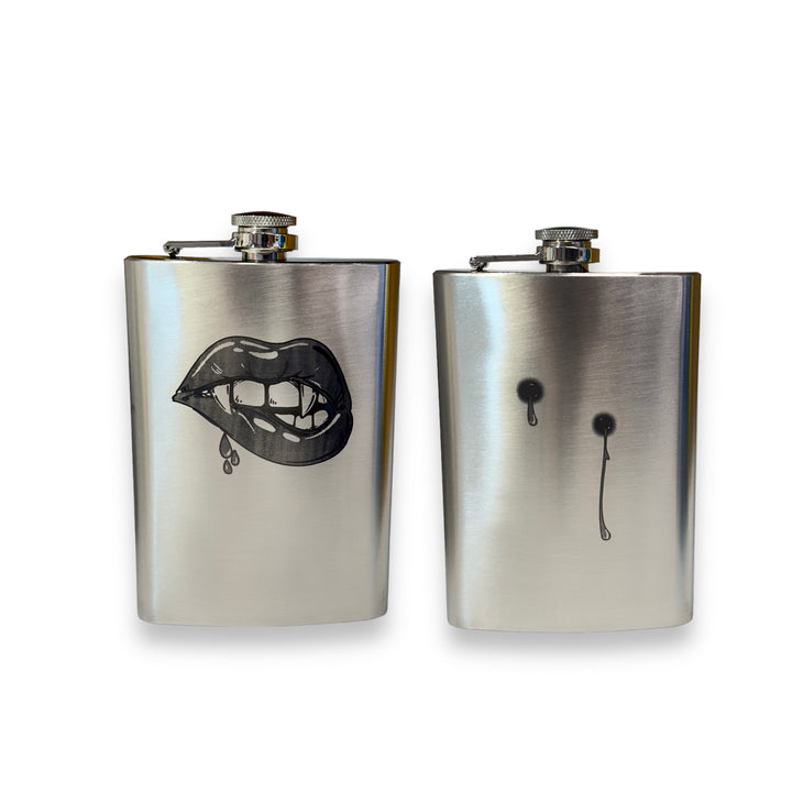 HipFlaskPlus 8oz stainless steel hip flasks engraved with his and hers vampire lips and fangs set of two