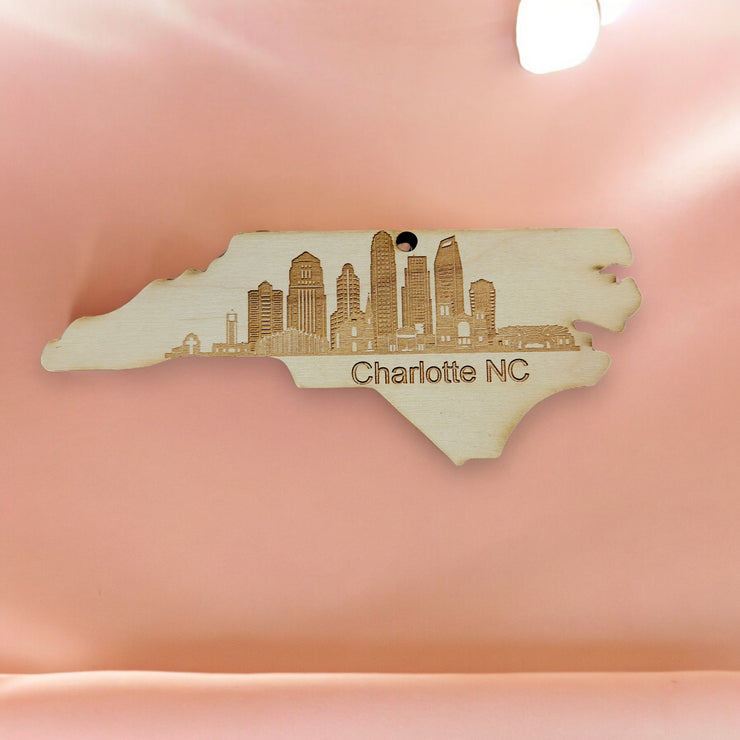 Ornament - Charlotte NC Skyline - Raw Wood Ornament