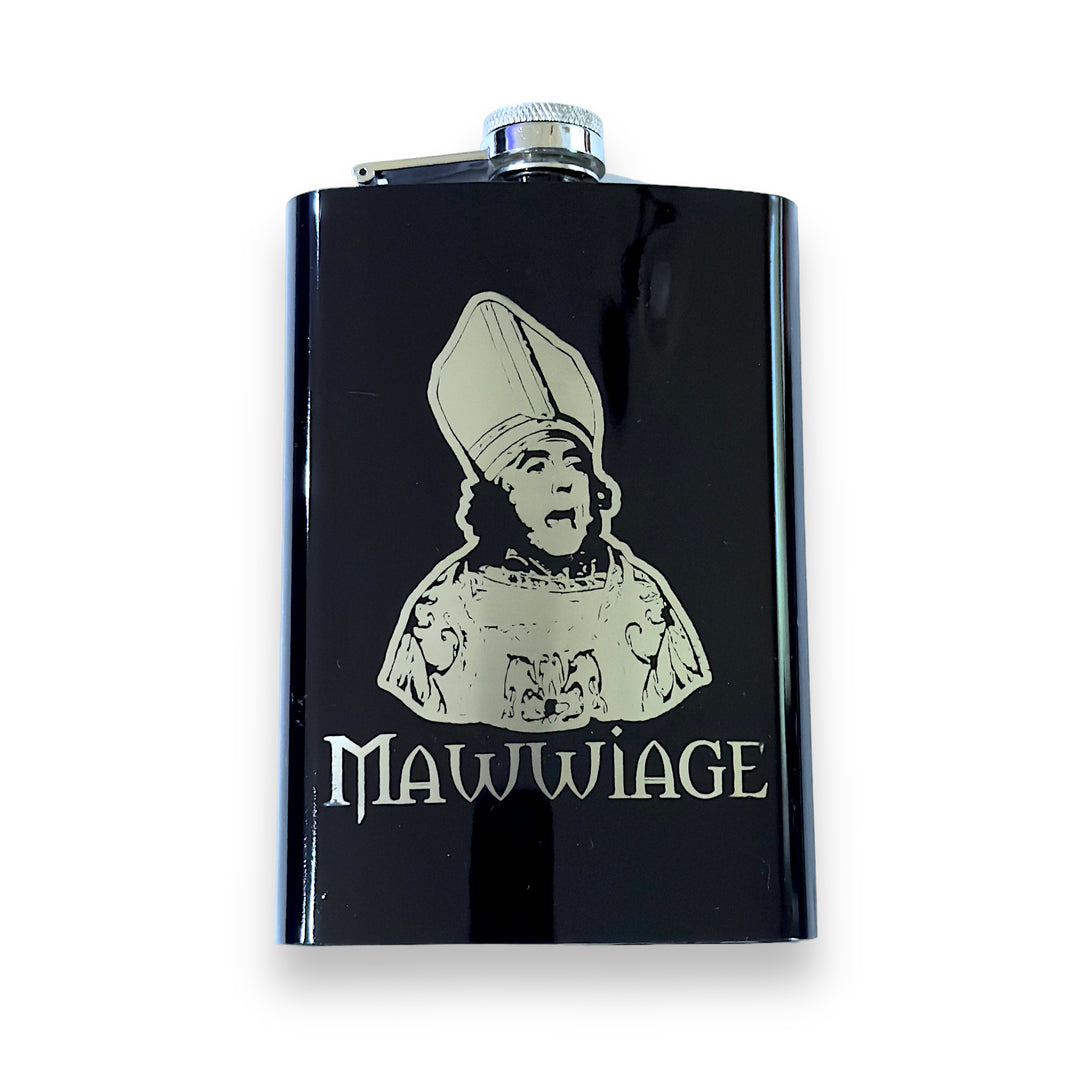 HipFlaskPlus 8oz black stainless steel hip flask engraved with Mawwiage bride