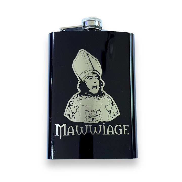 HipFlaskPlus 8oz black stainless steel hip flask engraved with Mawwiage bride