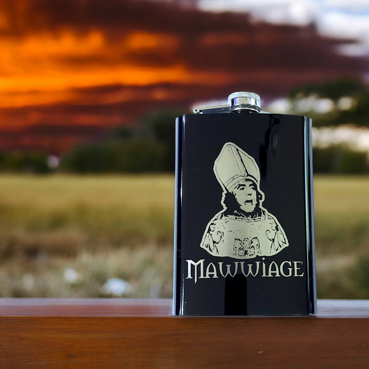 HipFlaskPlus 8oz black stainless steel hip flask engraved with Mawwiage bride at sunset