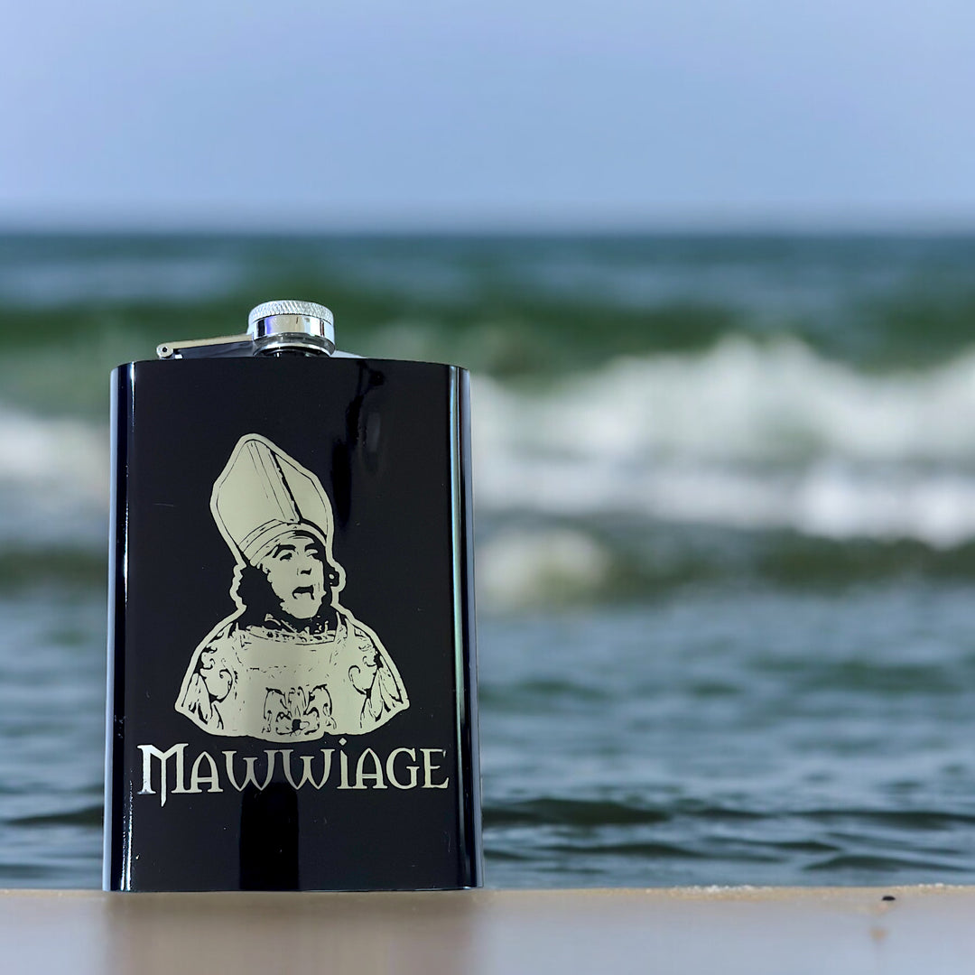 HipFlaskPlus 8oz black stainless steel hip flask engraved with Mawwiage bride by the ocean