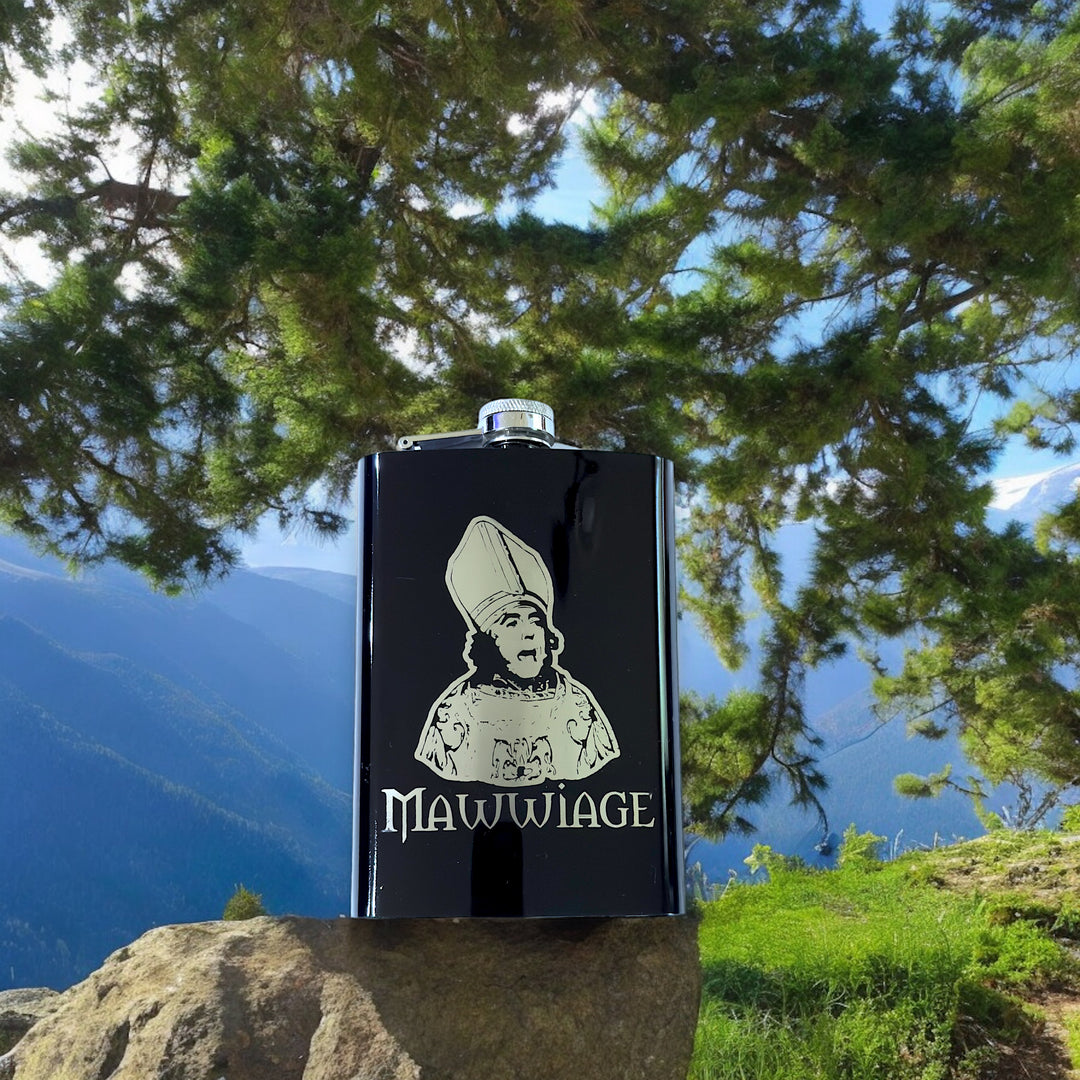 HipFlaskPlus 8oz black stainless steel hip flask engraved with Mawwiage bride by a lake