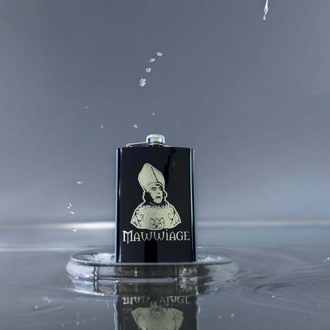 HipFlaskPlus 8oz black stainless steel hip flask engraved with Mawwiage bride with a water splash
