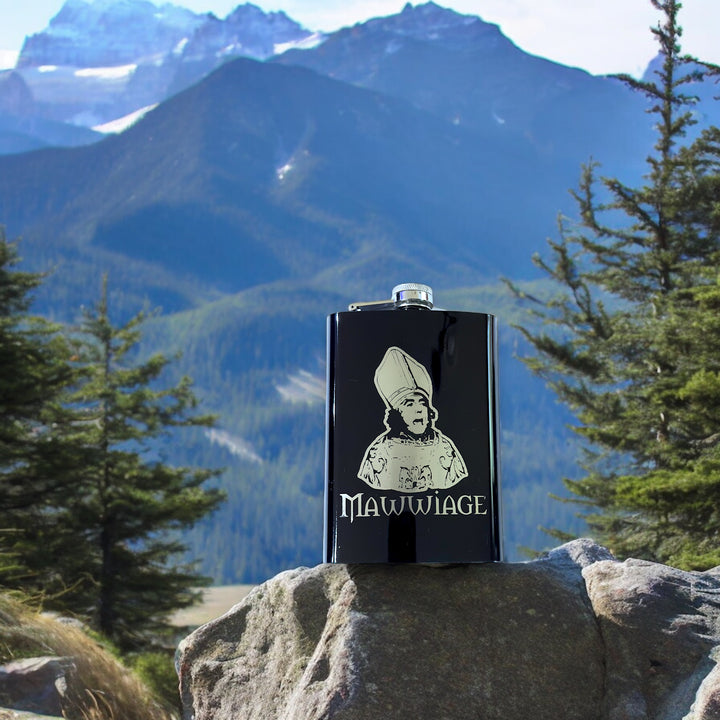 HipFlaskPlus 8oz black stainless steel hip flask engraved with Mawwiage bride by mountains