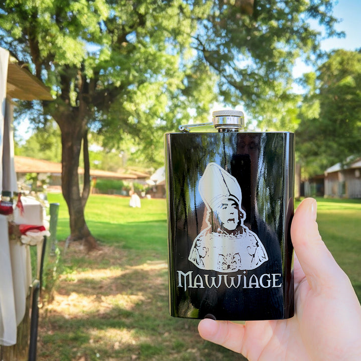 HipFlaskPlus 8oz black stainless steel hip flask engraved with Mawwiage bride by trees
