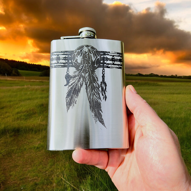 8oz Native American Feather Band Stainless Steel Flask