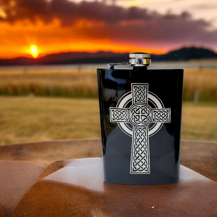 8oz BLACK Celtic Cross Flask