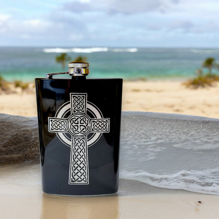 8oz BLACK Celtic Cross Flask