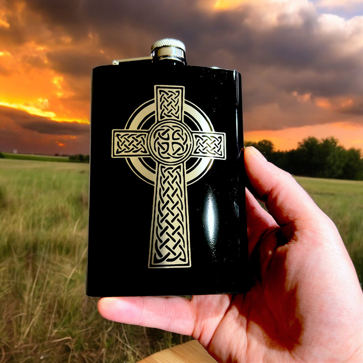 8oz BLACK Celtic Cross Flask