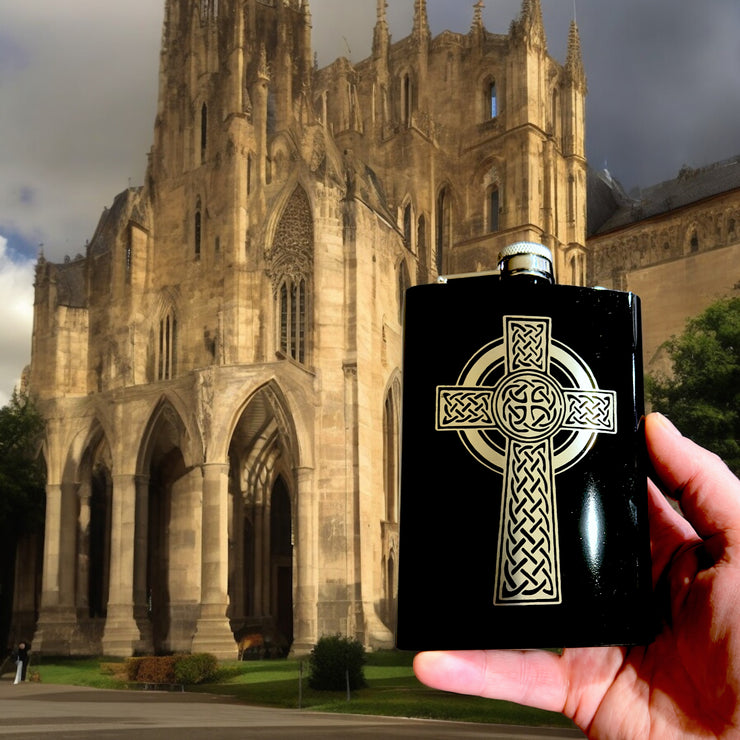 8oz BLACK Celtic Cross Flask