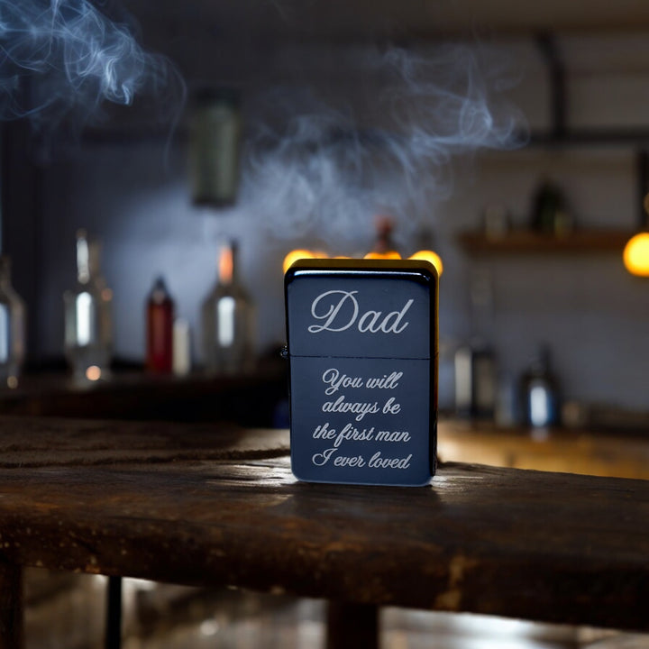 HipFlaskPlus black Dad first man I ever loved lighter on a smoky bar table