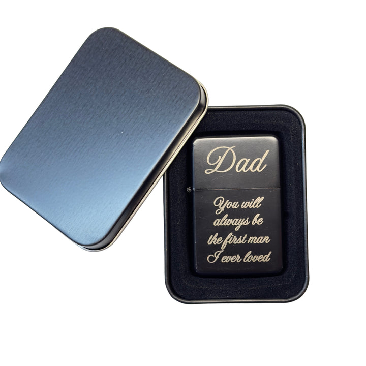 HipFlaskPlus black Dad first man I ever loved lighter in an open gift tin
