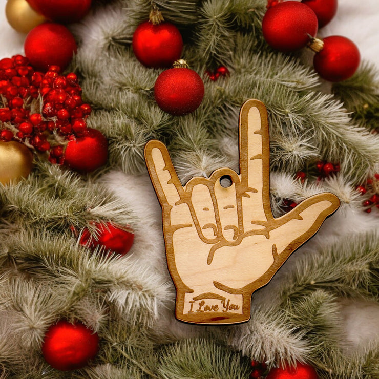 Ornament - ASL I Love You Sign Language - Raw wood Ornament
