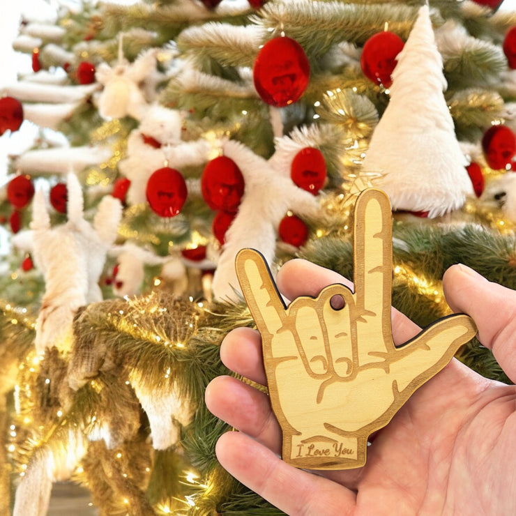 Ornament - ASL I Love You Sign Language - Raw wood Ornament