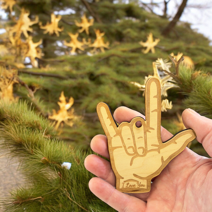 Ornament - ASL I Love You Sign Language - Raw wood Ornament