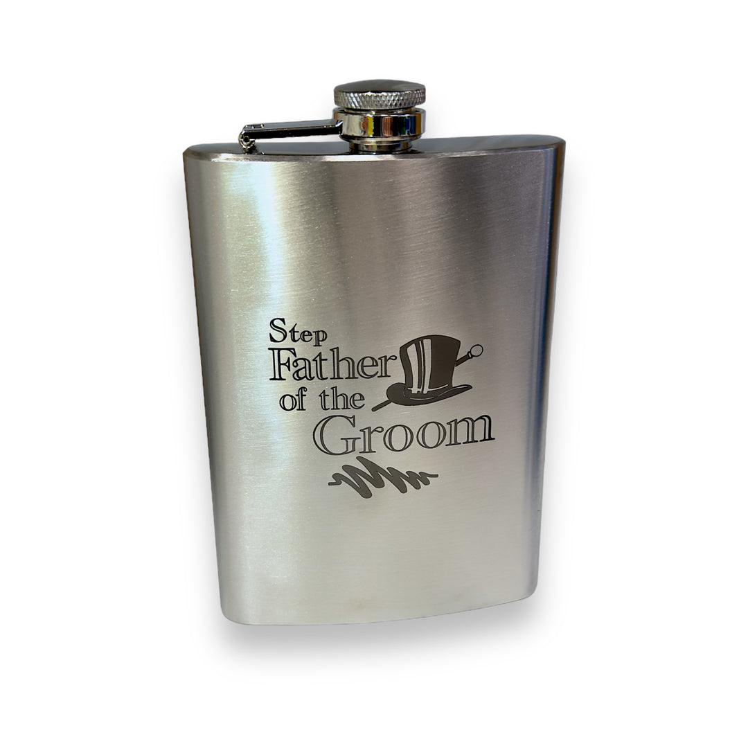 HipFlaskPlus stainless steel flask engraved with Step Father of the Groom and a top hat
