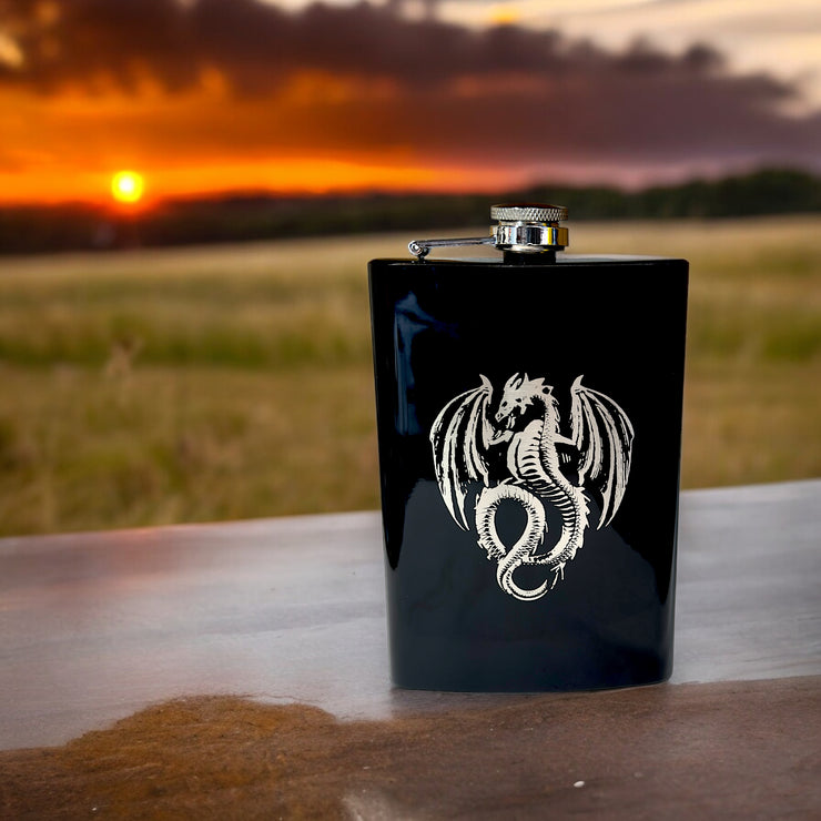 8oz BLACK Vintage Flying Dragon Flask