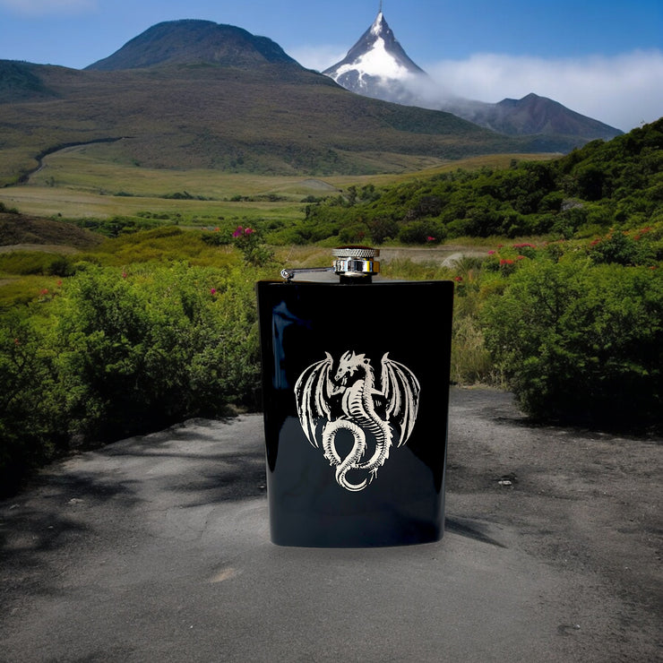 8oz BLACK Vintage Flying Dragon Flask