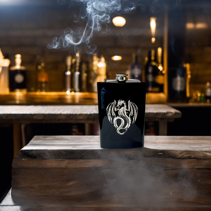 8oz BLACK Vintage Flying Dragon Flask