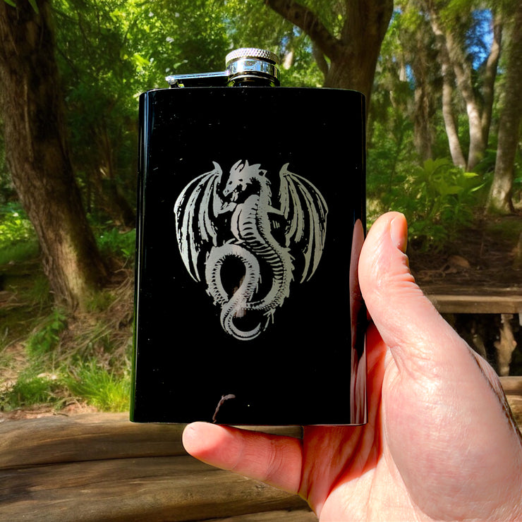 8oz BLACK Vintage Flying Dragon Flask