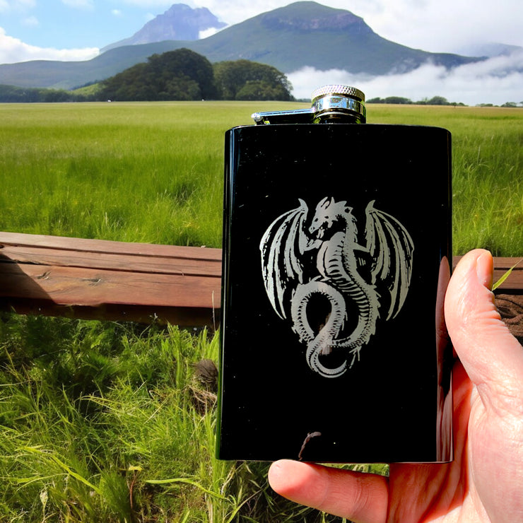 8oz BLACK Vintage Flying Dragon Flask