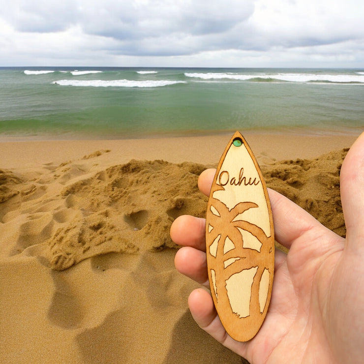 Ornament - Oahu Palm Tree Surfboard - Raw Wood Maple