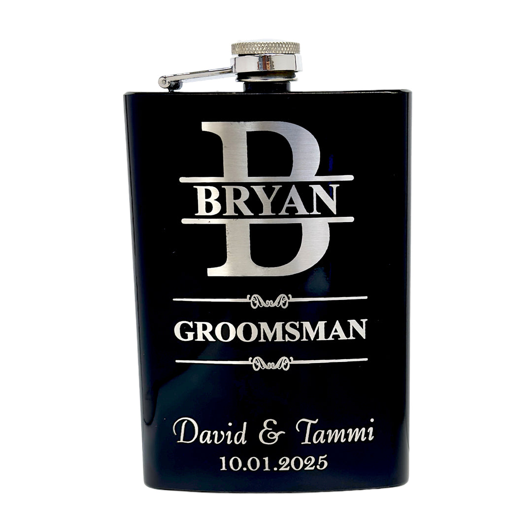 HipFlaskPlus black flask engraved with a personalized split letter monogram for a groomsman