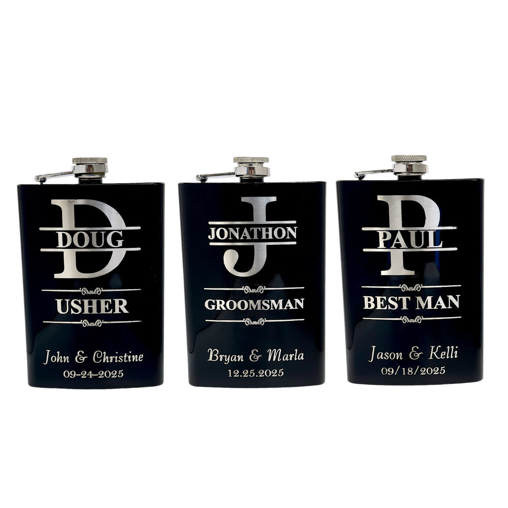 Three HipFlaskPlus black flasks engraved with personalized split letter monograms for the wedding party
