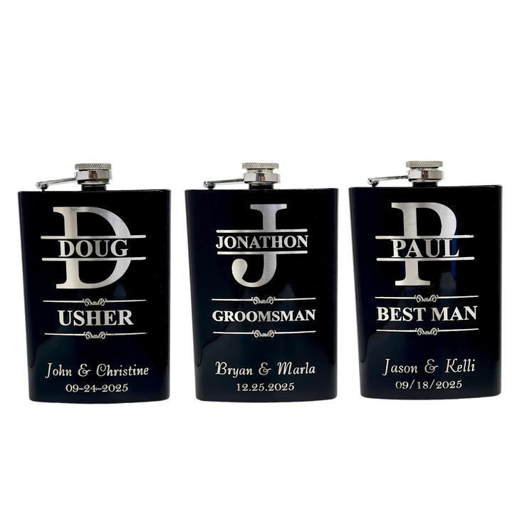 Split Letter Monogram Wedding flask for Groomsman Best Man Gifts PERSONALIZED BLACK FLASK