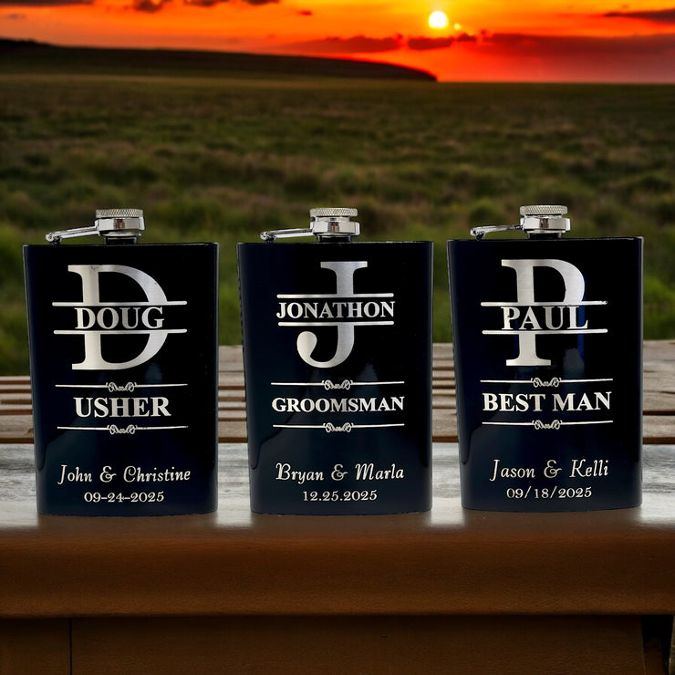 Split Letter Monogram Wedding flask for Groomsman Best Man Gifts PERSONALIZED BLACK FLASK