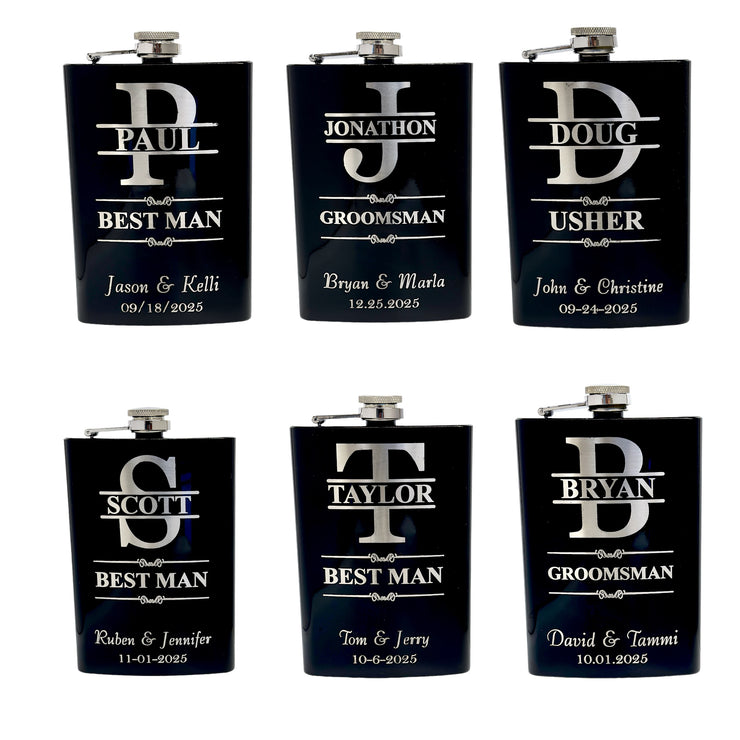 Split Letter Monogram Wedding flask for Groomsman Best Man Gifts PERSONALIZED BLACK FLASK