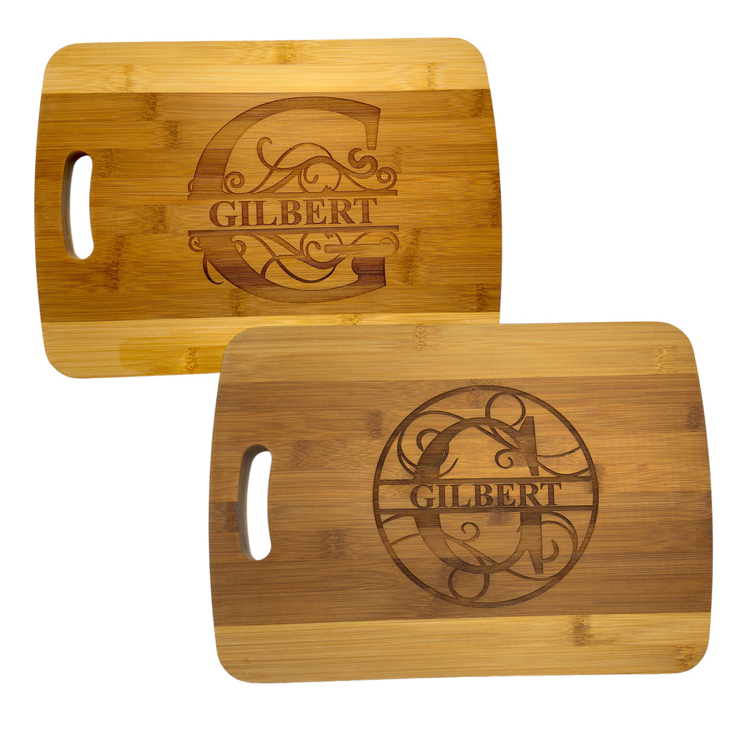 Two HipFlaskPlus bamboo cutting boards engraved with personalized split letter monograms in two styles