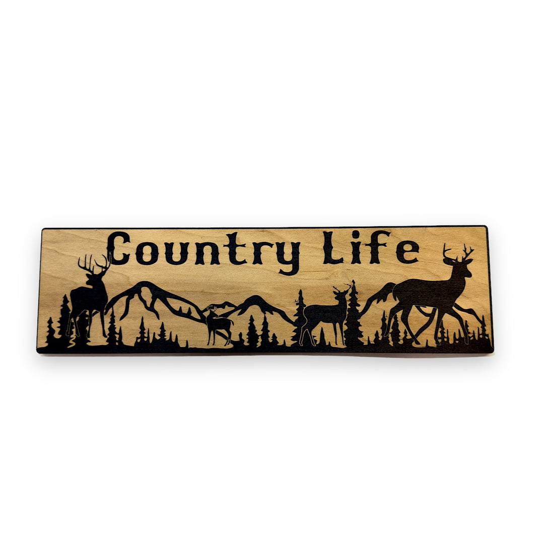 HipFlaskPlus Country Life deer mountain scene black and natural wood sign