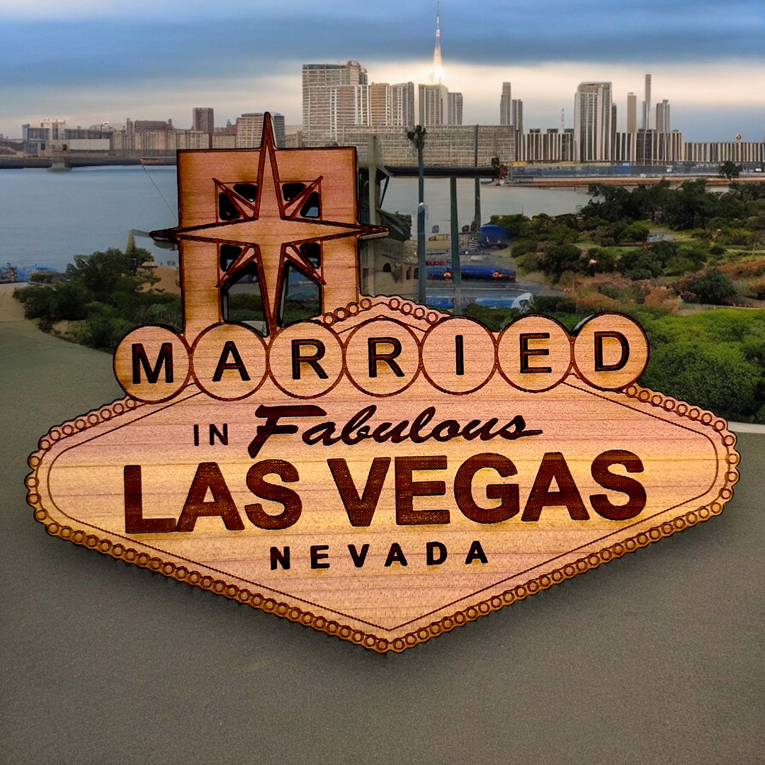 HipFlaskPlus cedar wood Married in Fabulous Las Vegas sign ornament by a city skyline