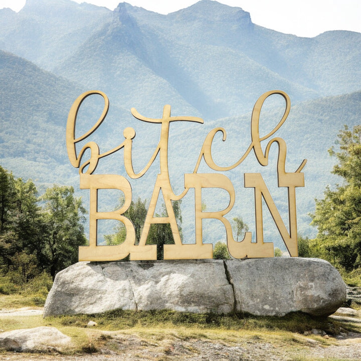 HipFlaskPlus Bitch Barn maple wood cutout sign by mountains
