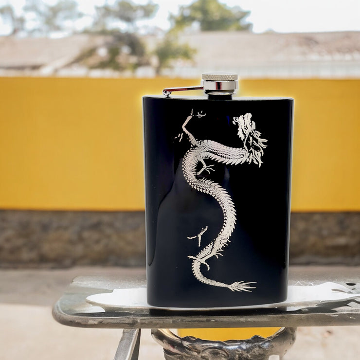 8oz BLACK Chinese Dragon Flask