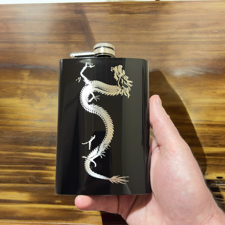 8oz BLACK Chinese Dragon Flask